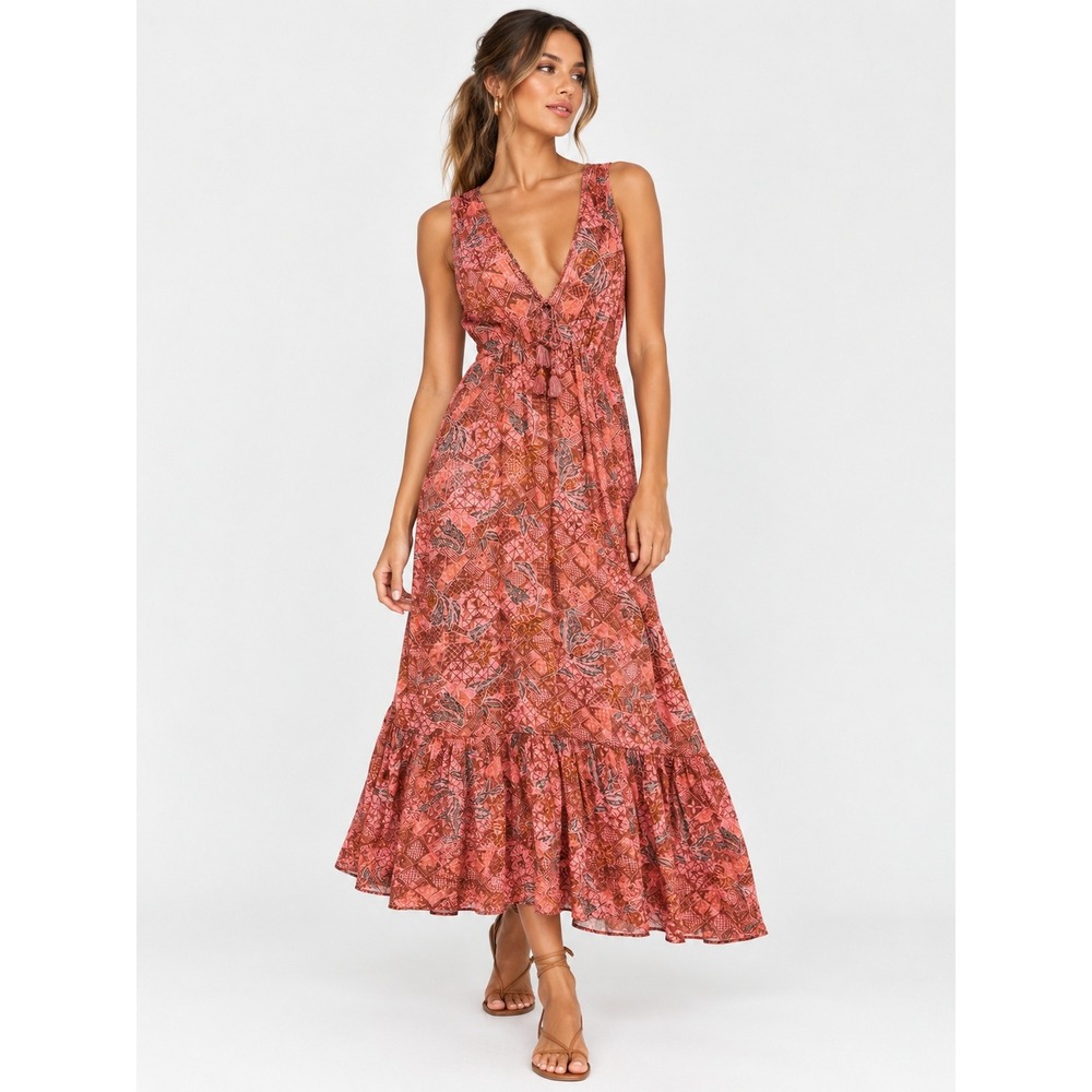 Faherty Eden Dress Island Breeze Floral Pink Maxi Tiered V-Neck XS NEW NWT